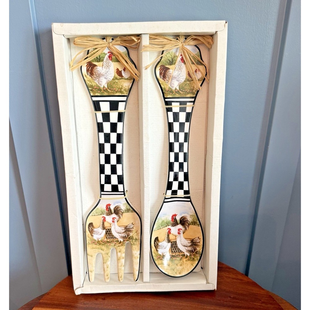 NOS Farmhouse Rooster Salad Serving Set Black White Check 17" Wood Kitchen Decor